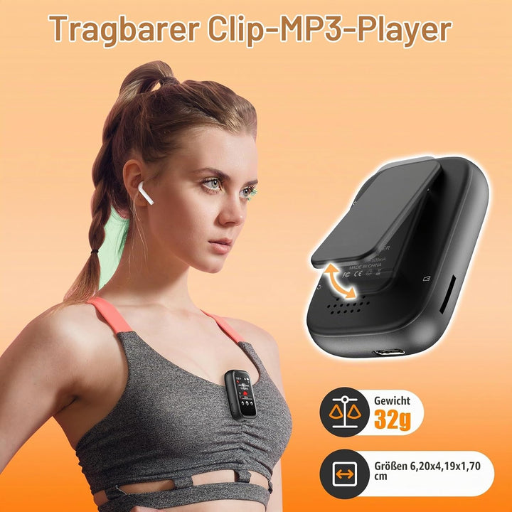 MP3 Player Bluetooth 5.3 mit Clip,Tragbarer Music Player mit Kopfhörer, Lautsprecher, FM-Radio,Sprac