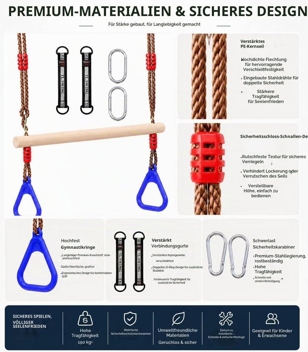 Multifunktions Kinderholz Trapeze Schaukel mit Kunststoffringen Turnringe Ringe zum Aufhängen belast