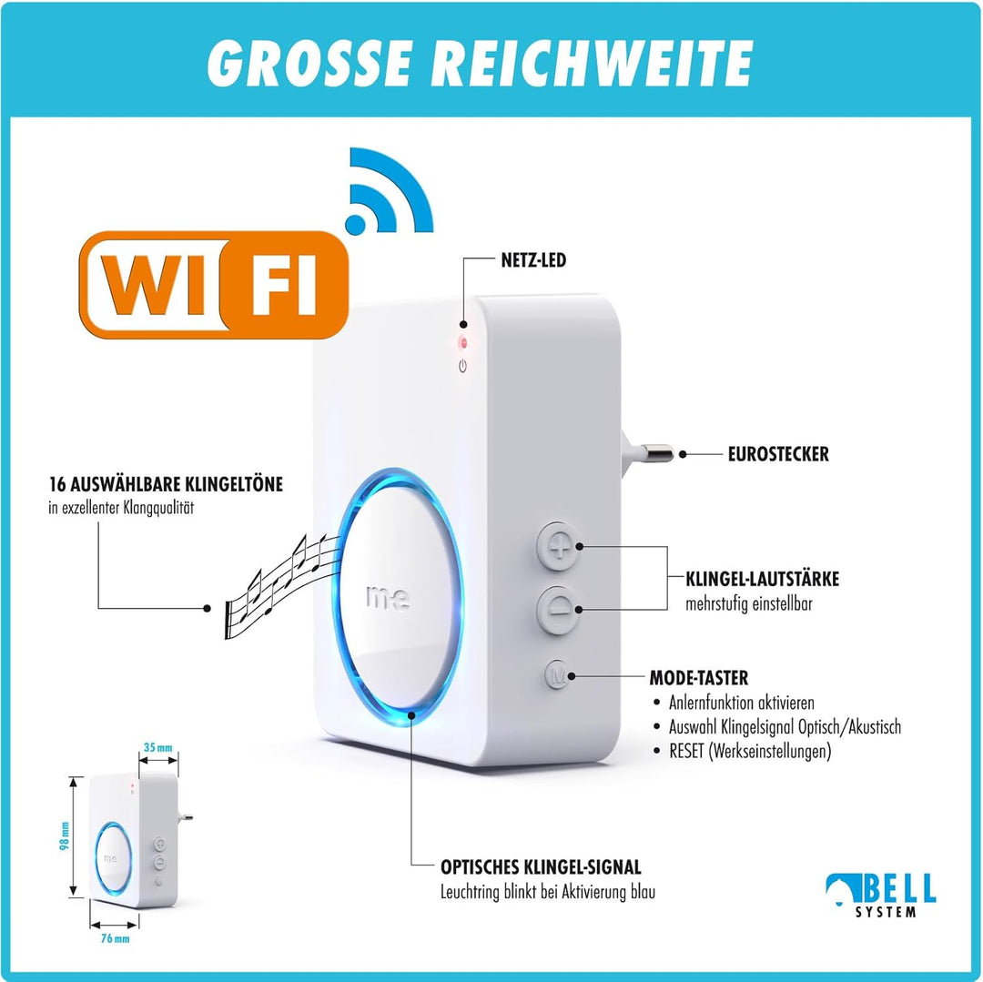 m-e BELL-544 RX Funk-Empfänger WiFi für die Steckdose- Meldet Besucher direkt am Gerät und auf Ihrem