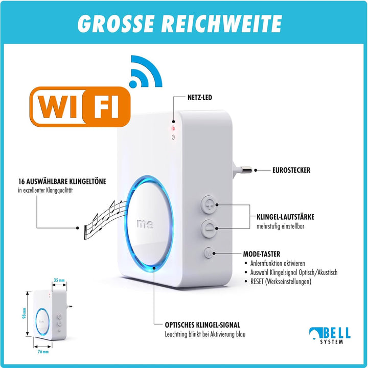 m-e BELL-544 RX Funk-Empfänger WiFi für die Steckdose- Meldet Besucher direkt am Gerät und auf Ihrem