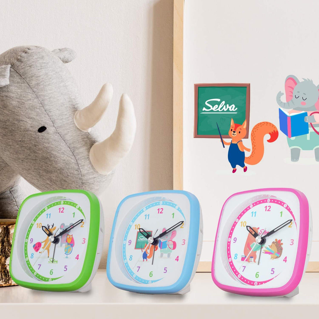 SELVA Quarzwecker für die Einschulung mit Eichhörnchen und Elefant Motiv blau/weiss. Schleichende Se