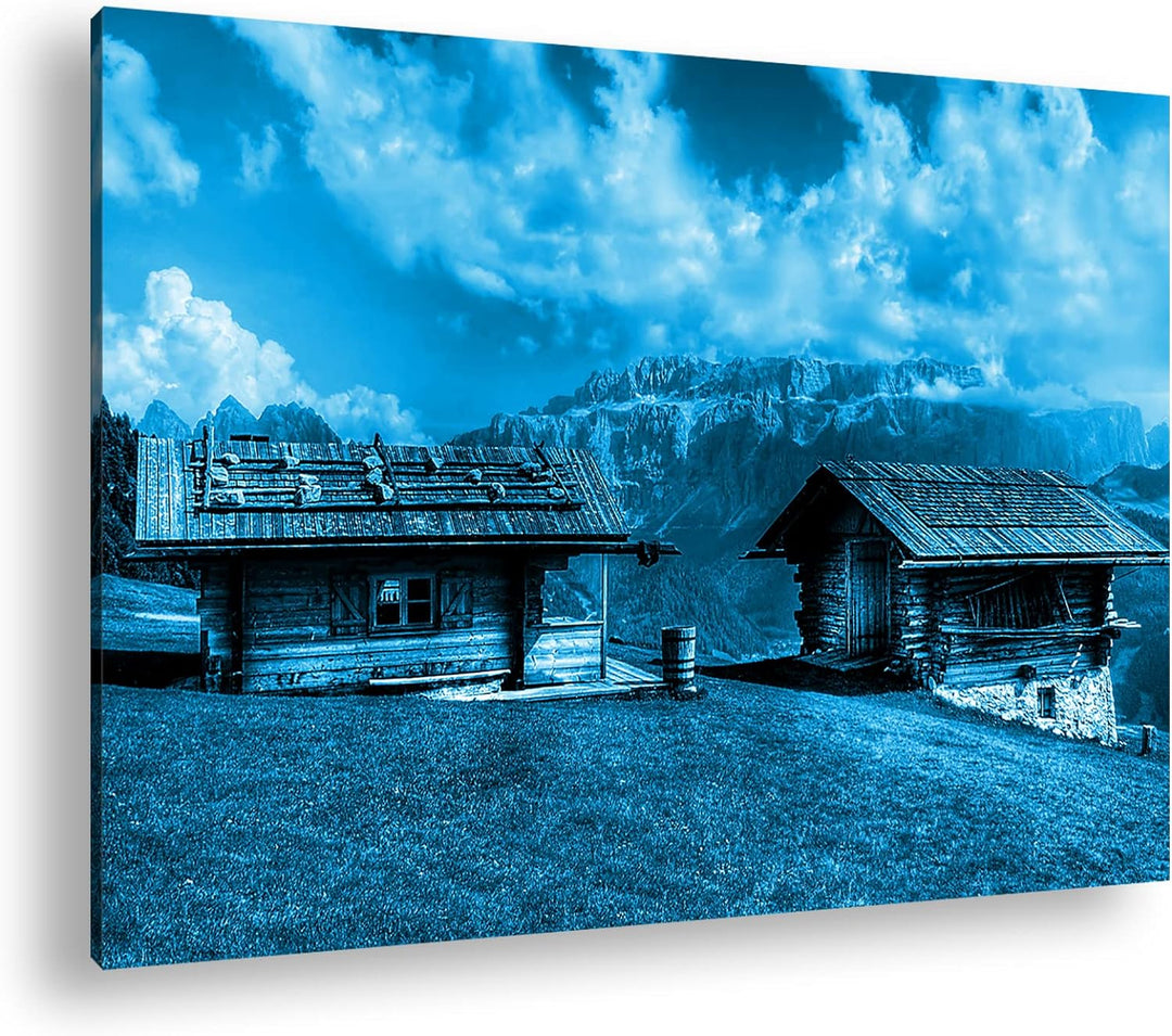 deyoli Alpen Holzhütten Format: 80x60 Effekt: Monocrome Blau als Leinwandbild, Motiv fertig gerahmt