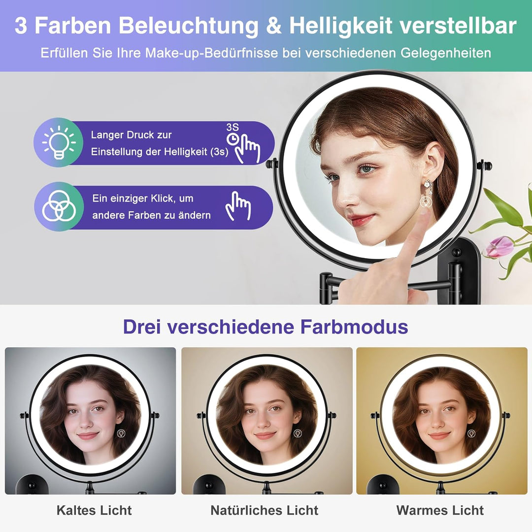 LED Kosmetikspiegel mit Wandhalterung, 30-fache Vergrösserung, 3 Lichtfarben, USB-Aufladung, Schwarz