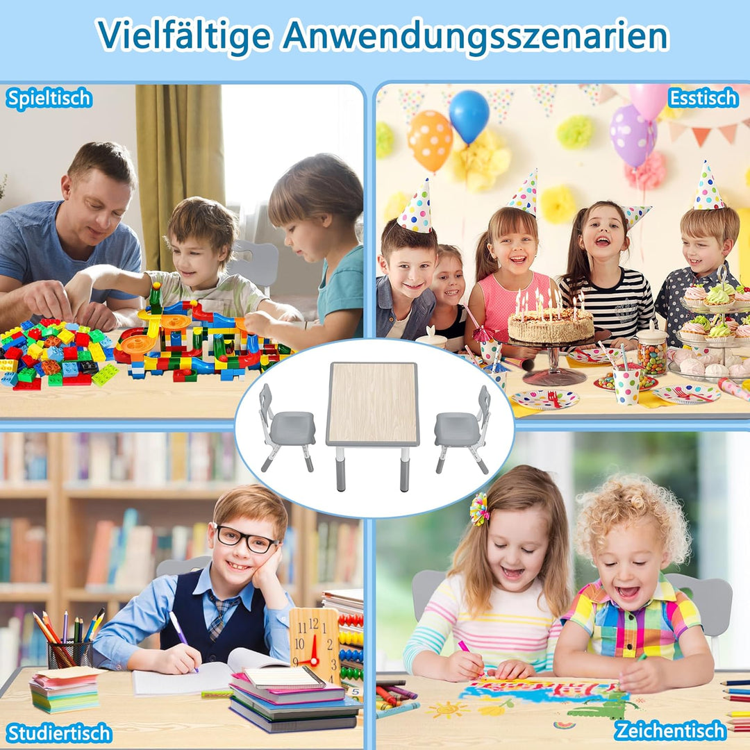 AufuN Kindertisch mit 2 Stühlen, Kindertischgruppe mit Verstellbarer Höhe, Kinderzimmertisch & -stuh
