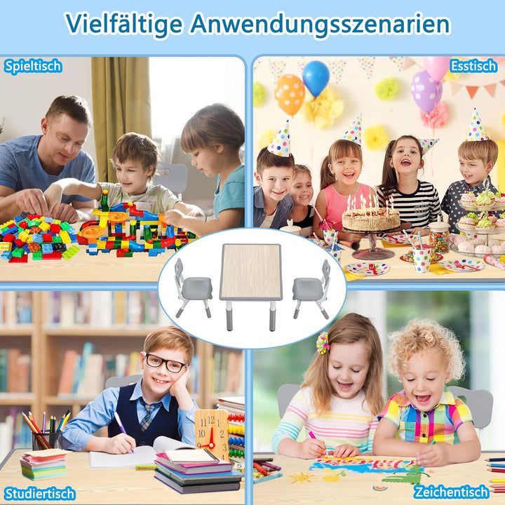 AufuN Kindertisch mit 2 Stühlen, Kindertischgruppe mit Verstellbarer Höhe, Kinderzimmertisch & -stuh