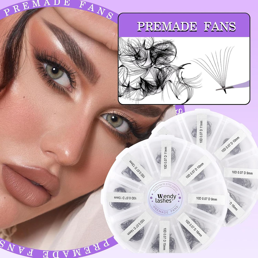 WENDY LASHES Premade Volume Fans 10D D-Curl 0,07mm 13-20mm 500 Stück | fertige russische Volumen Fäc