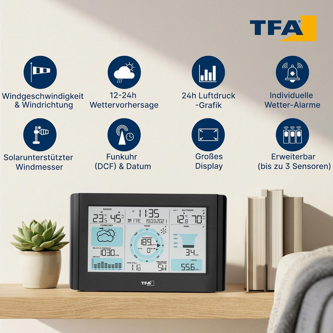 TFA Dostmann Weather Pro Funk Wetterstation, 35.1161.01, mit Windmesser, Regenmesser, Aussensensor,