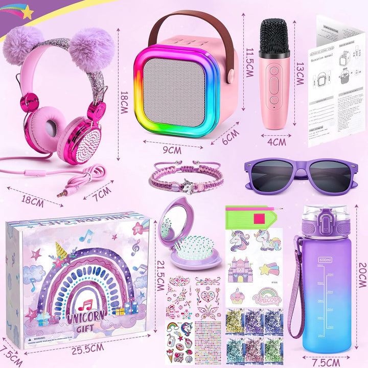 G.C Einhorn Geschenke für Mädchen 6-12 Jahre, Mini Karaoke Maschine mit LED Kindermikrofon, Trinkfla