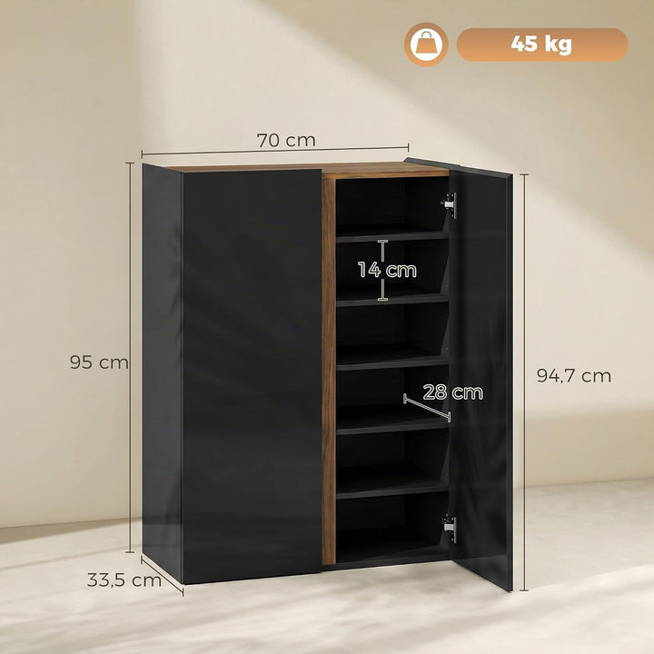 HOMCOM Schuhschrank mit 2 Hochglanz Türen 18 Paar 70x33,5x95 cm, Schwarz | Schuhregal, Schuhkommode,