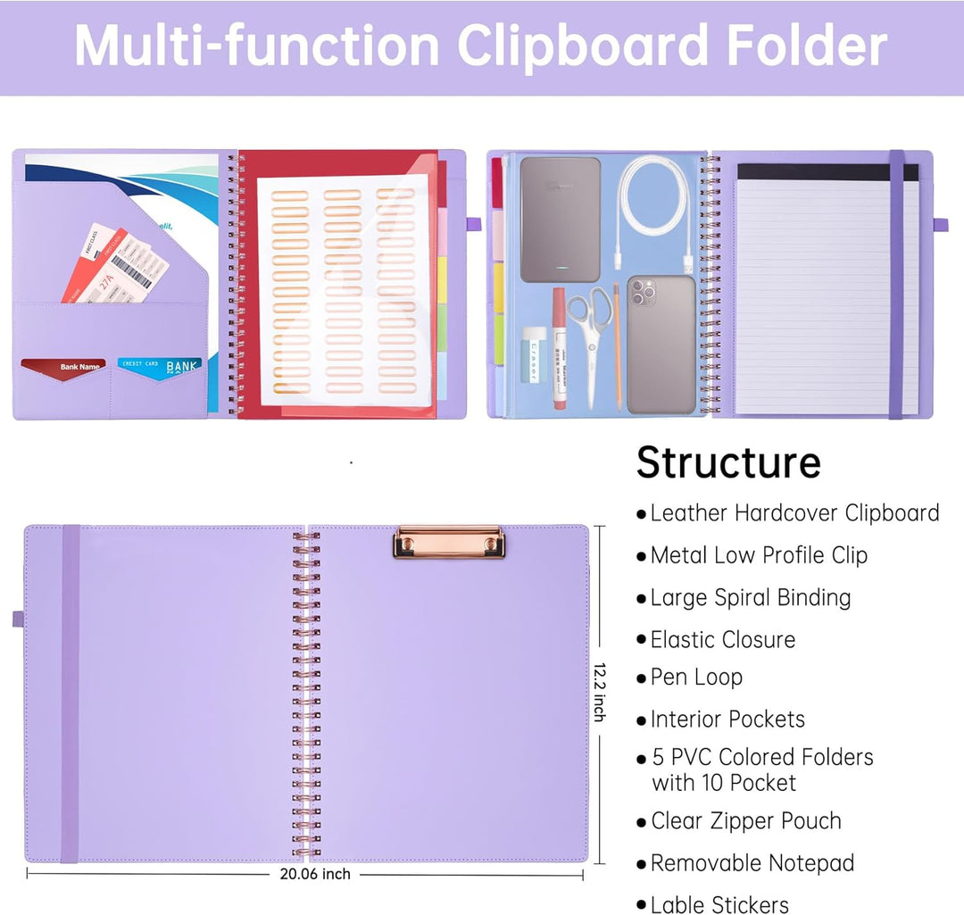 Hautoco Klemmbrett Folio mit a4 Zip Beutel, Klemmbrettmappe mit nachfüllbarem Notizblock, 5 A4-Ordne