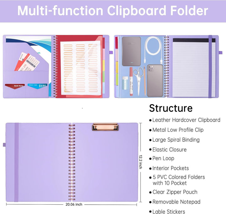 Hautoco Klemmbrett Folio mit a4 Zip Beutel, Klemmbrettmappe mit nachfüllbarem Notizblock, 5 A4-Ordne