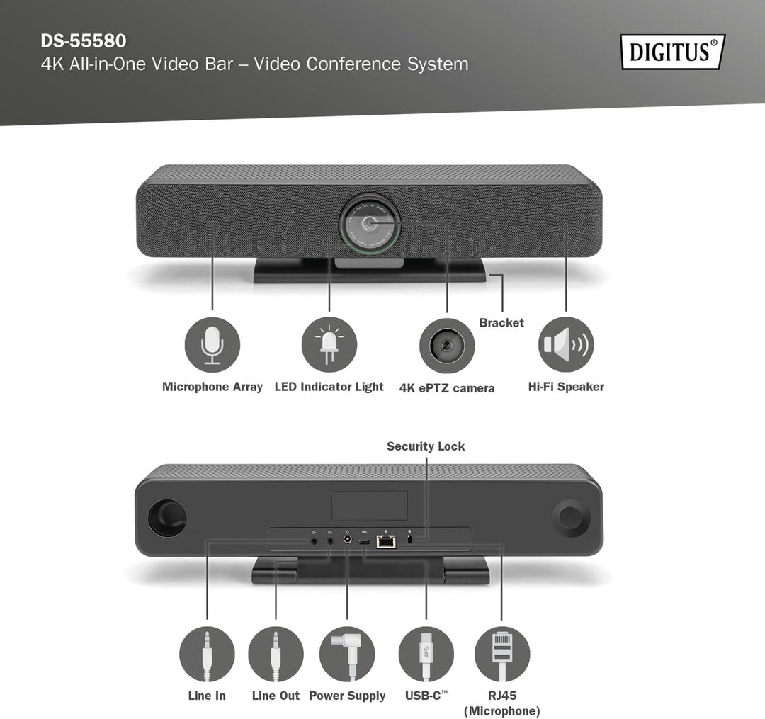 DIGITUS DS-55580 Video Bar Pro, Video-Konferenz-System – 4K UHD 30 Hz ePTZ Webcam Kamera – 1 Tischmi