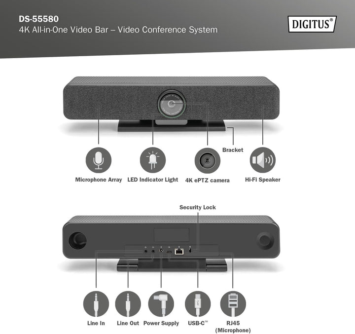 DIGITUS DS-55580 Video Bar Pro, Video-Konferenz-System – 4K UHD 30 Hz ePTZ Webcam Kamera – 1 Tischmi