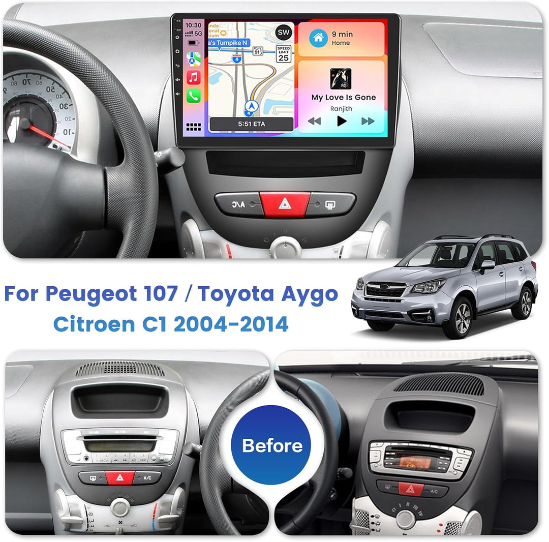 Inefala Autoradio für Peugeot 107/Toyota Aygo/Citroen C1 2004-2014, 2G+64G Android 15, Wireless Carp
