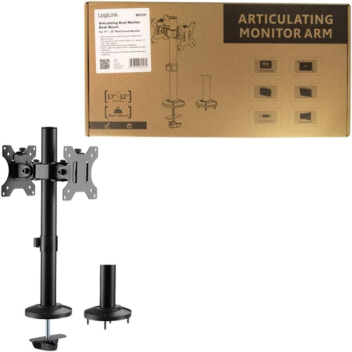 LogiLink BP0109 - Monitorhalterung 2-Fach, 17–32", Stahl, Curved Screens Schwarz