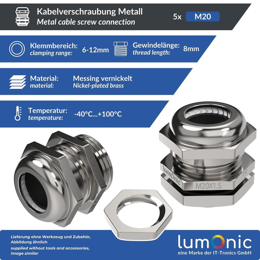 Lumonic 5er Set Kabelverschraubung Metall M20 | Klemmbereich 6-12mm | IP68 | mit Gegenmutter | Messi