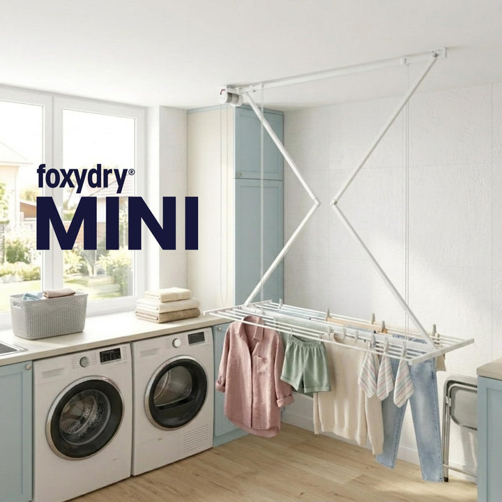 Foxydry Mini Deckenständer, vertikaler Wäscheständer, zusammenklappbar in Aluminium und Stahl 152x54