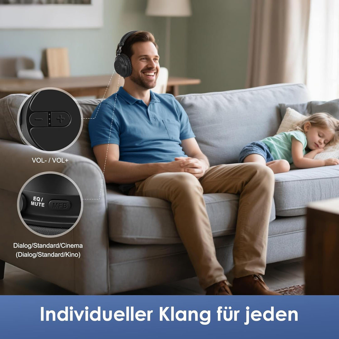SIMOLIO Bluetooth TV Funkkopfhörer mit klarem & lautem Klang – Kabellose Kopfhörer & Sender für Grup