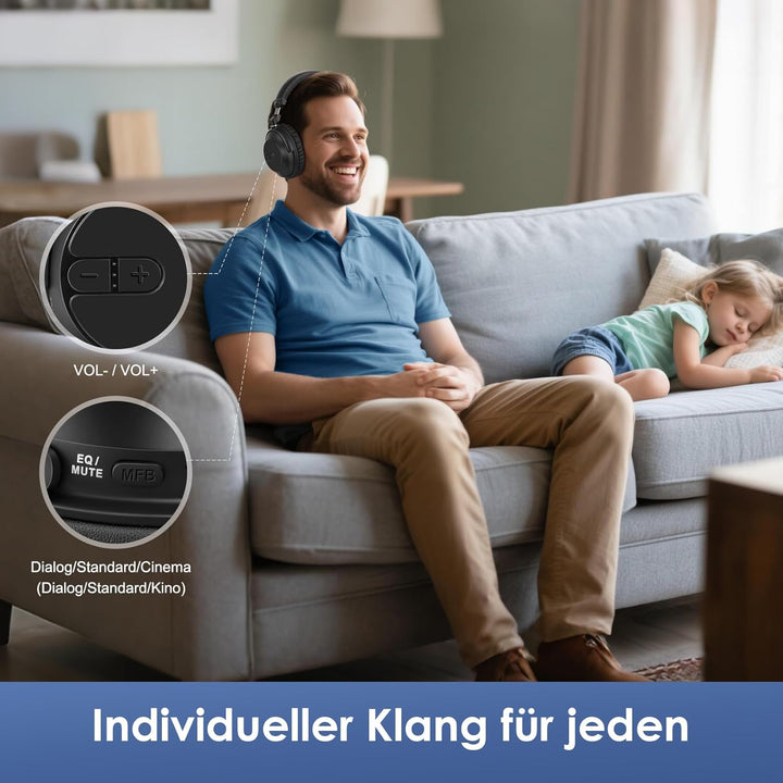 SIMOLIO Bluetooth TV Funkkopfhörer mit klarem & lautem Klang – Kabellose Kopfhörer & Sender für Grup