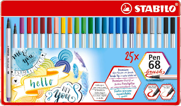 Premium-Filzstift mit Pinselspitze für variable Strichstärken - STABILO Pen 68 brush - 25er Metallet