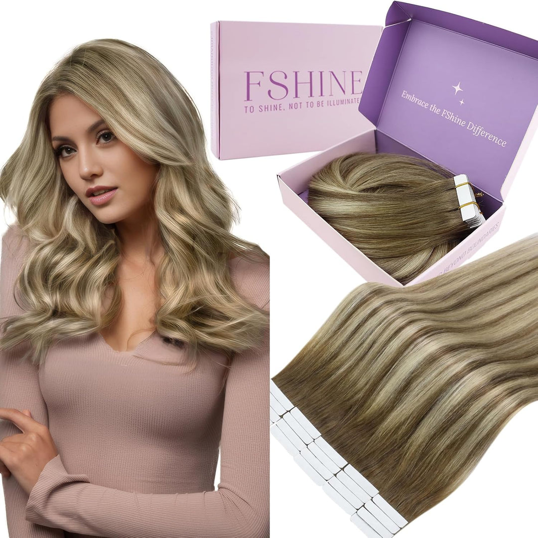 Fshine Tape Extensions Echthaar Balayage Mittelbraun bis Platinblond 30cm 30g Echthaar Extensions Ta