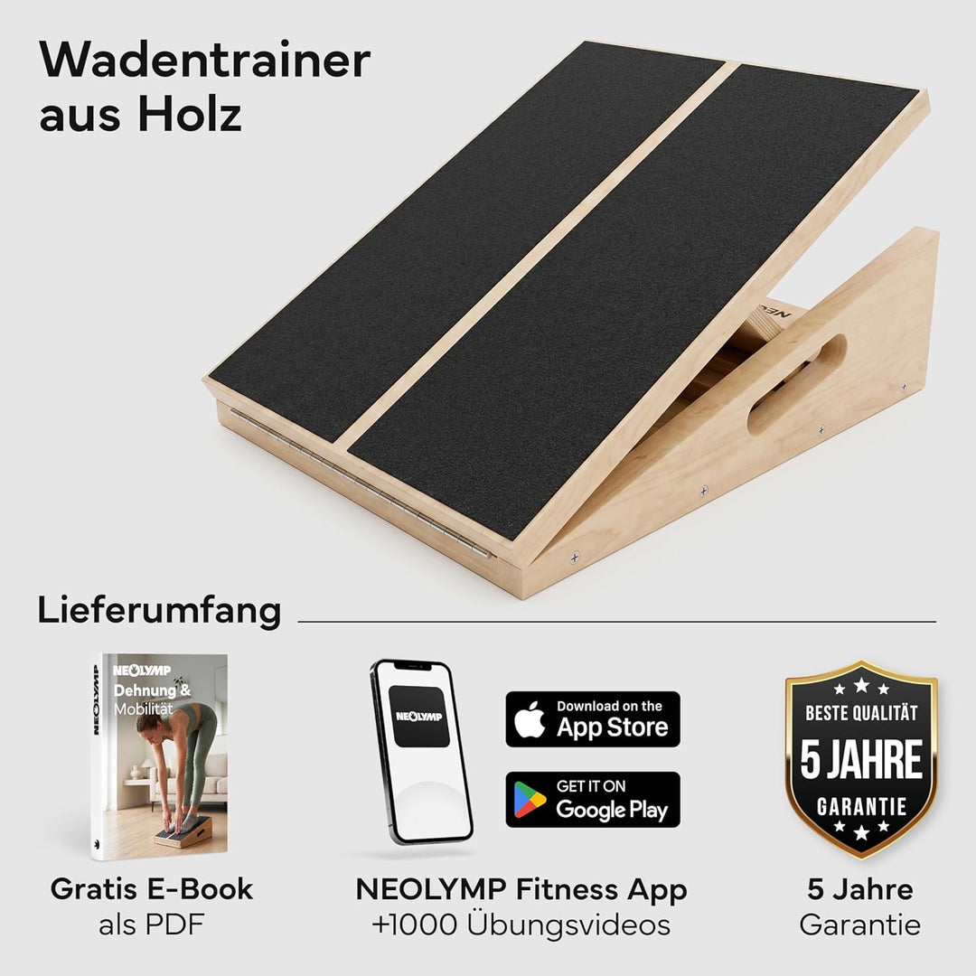 NEOLYMP Wadendehner Schrägbrett aus Holz – Wadendehnung mit 5 verstellbaren Winkeln bis 35° – Rutsch