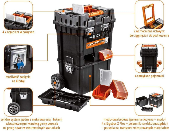 NEO TOOLS Werkzeugkoffer auf Rädern, mobile Werkstatt 40x40x70,5 cm, vier Organizer, vier Ergoboxen