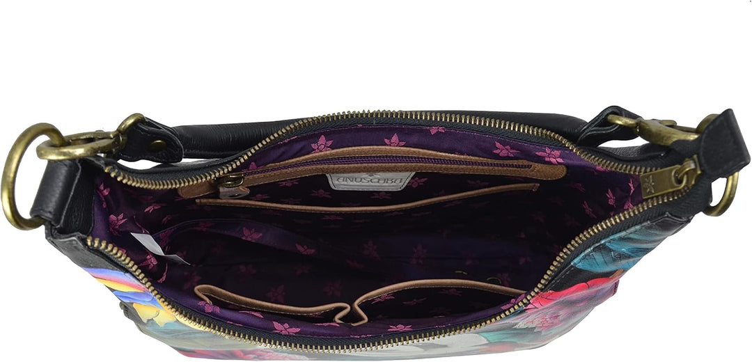 Anuschka Handbemalte Schmale Hobo Tasche, Erweiterbar, mit Crossbody Riemen Happy Panda, Dragonfly G