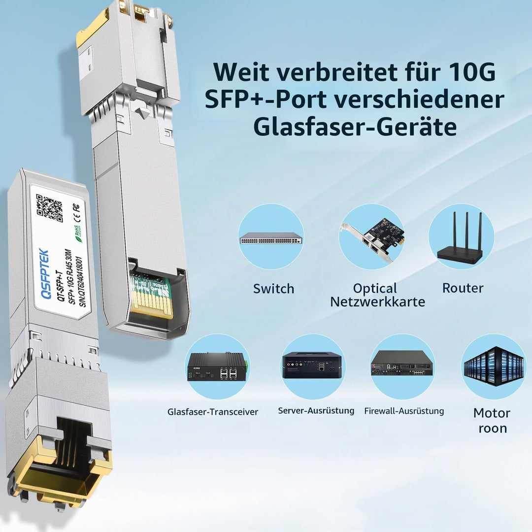 QSFPTEK 10GBASE-T SFP+ RJ45 Transceiver up to 80m, 10G SFP+ to RJ45 Copper Mini-GBIC Modul für Cisco