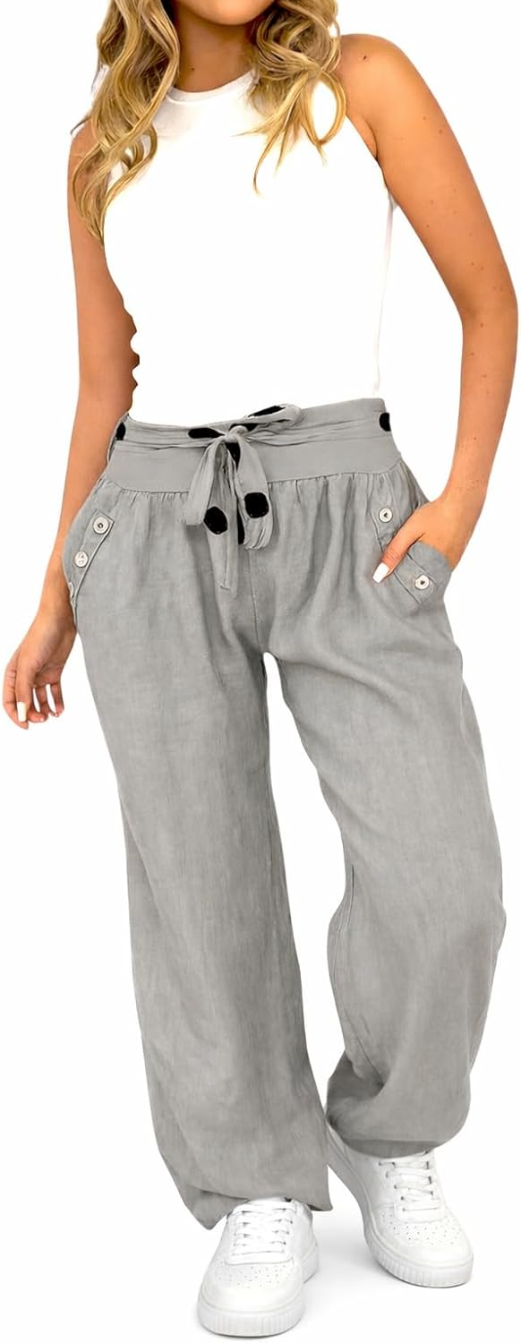 Mississhop Damen Leinenhose Freizeithose 100% Leinen Hose Elegante Stoffhose XXL Grau, XXL Grau
