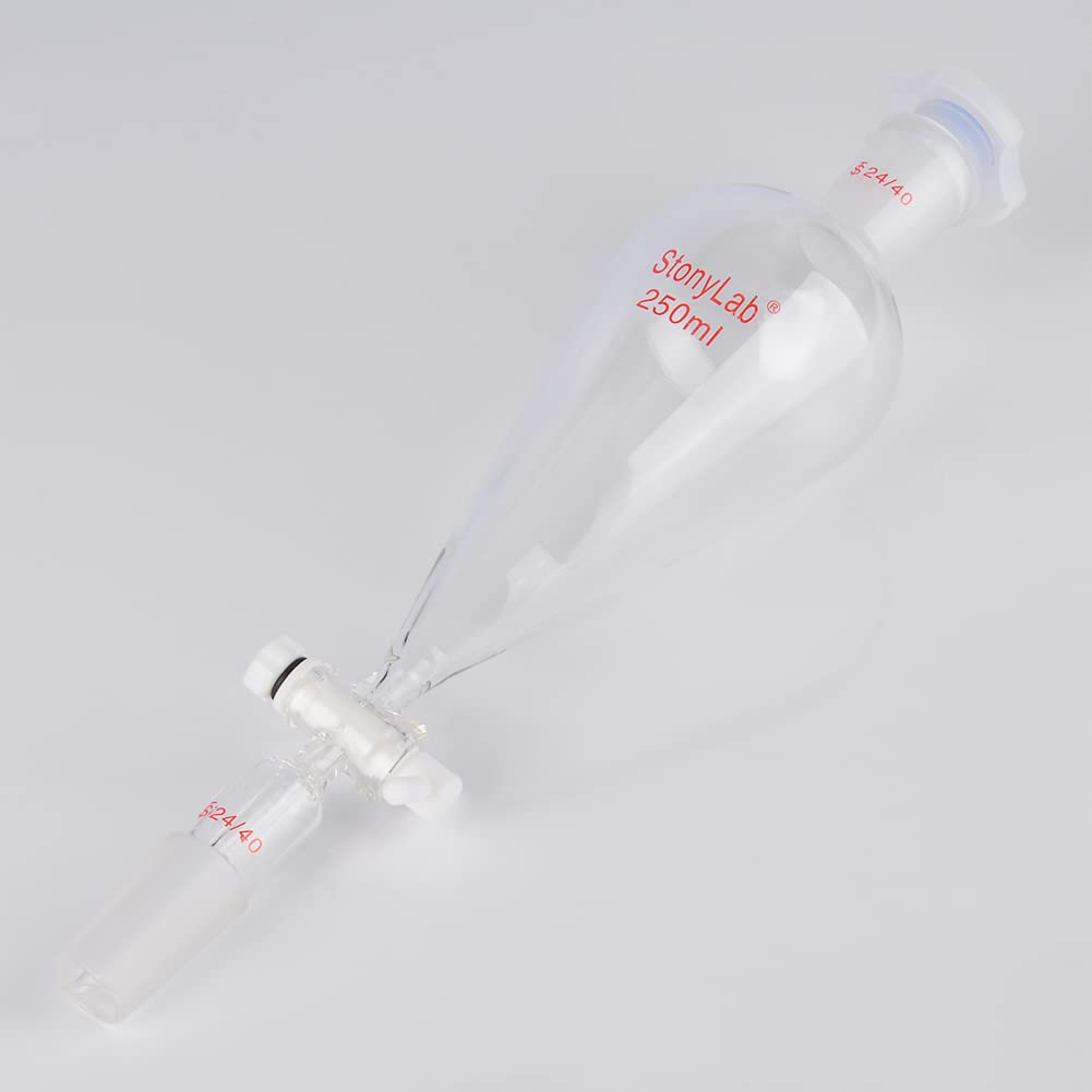 StonyLab 250 ml Trichter aus Borosilikatglas, Separatory Funnel, Schwerwandig Konisch mit 24/40 Gele