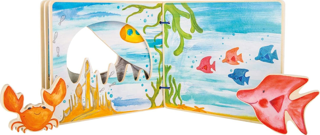 small foot Bilderbuch Unterwasserwelt, interaktives Buch aus Holz für Kinder, mit Krabbe und Fisch,