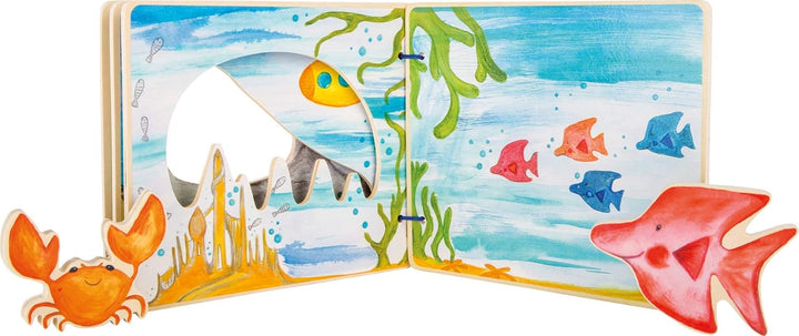 small foot Bilderbuch Unterwasserwelt, interaktives Buch aus Holz für Kinder, mit Krabbe und Fisch,