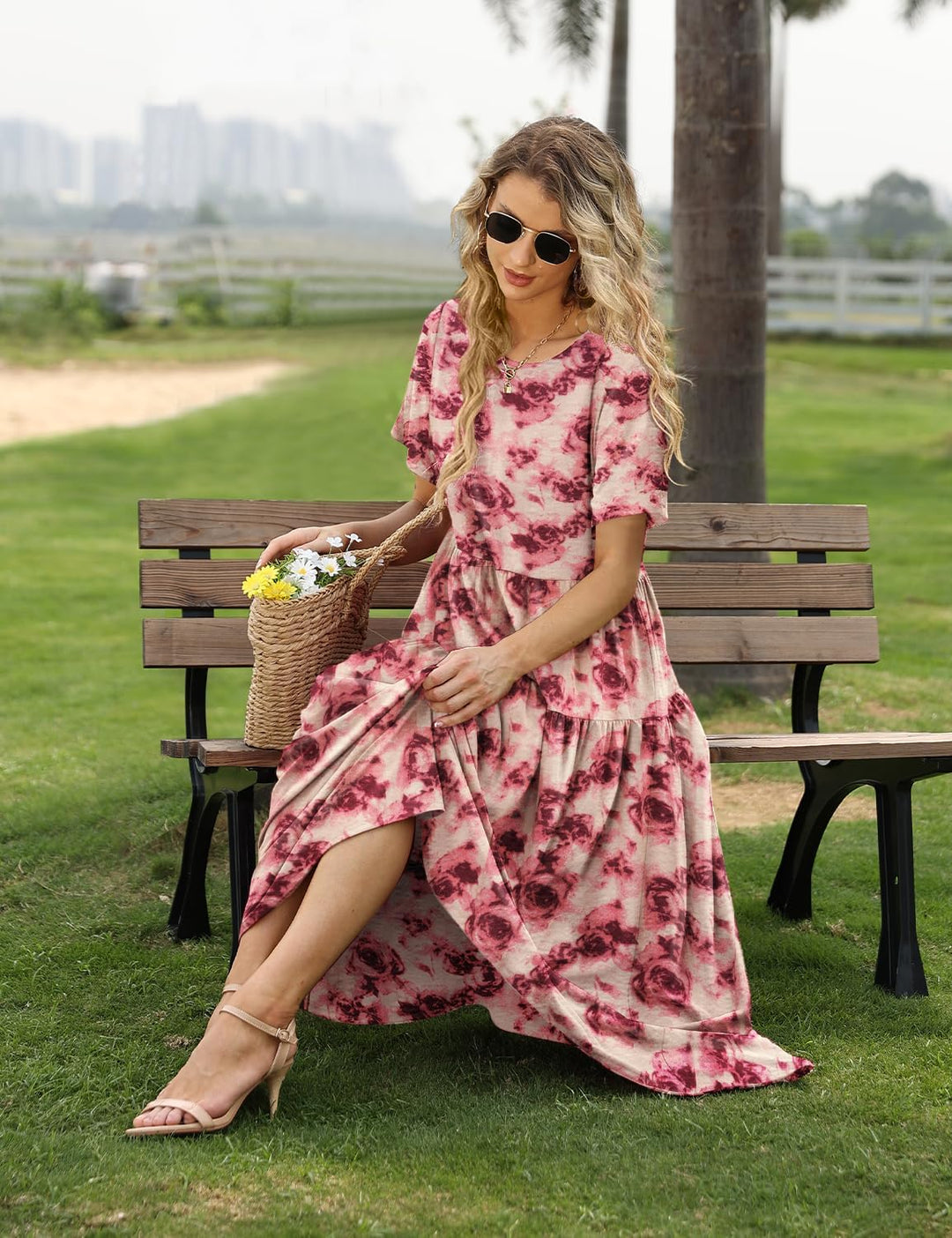 YESNO Damen Kleider Freizeit Lose Sommerkleid Lang Boho Maxikleid für Rundhals Strandkleid Blumenkle