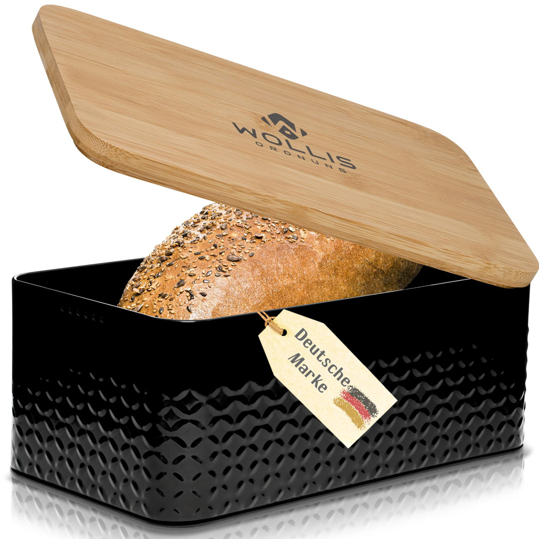 Generisch WOLLIS ORDNUNG Brotkasten I Brotbox aus Metall mit Leinenbeutel I hochwertiger stabiler Ba