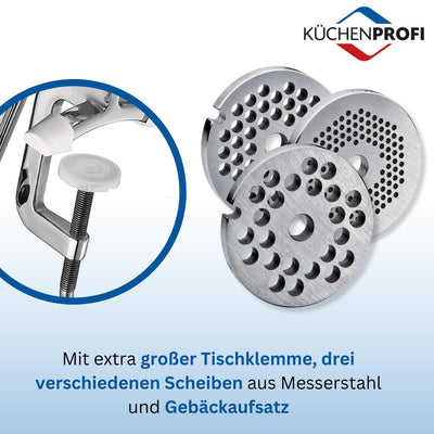 Küchenprofi SOLIDO Edelstahl Fleischwolf manuell, inkl. 3 Lochscheiben u. Spritzgebäckvorsatz, zum Z