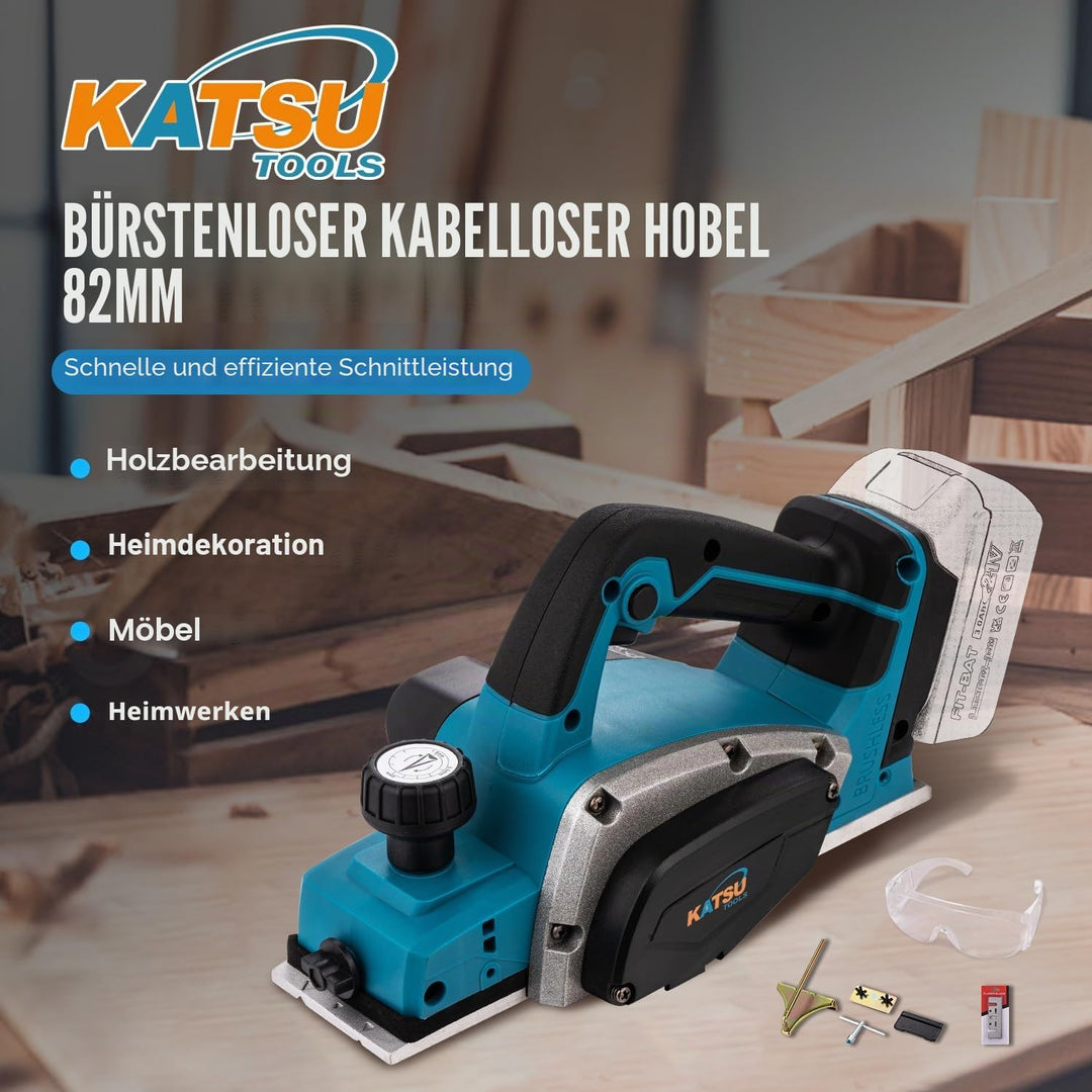 KATSU FIT-BAT Akku-Hobel 21V 82mm, Bürstenlos, 2mm Span, Alu-Sohle mit 3 V-Nuten, Extra Klingen, Ohn