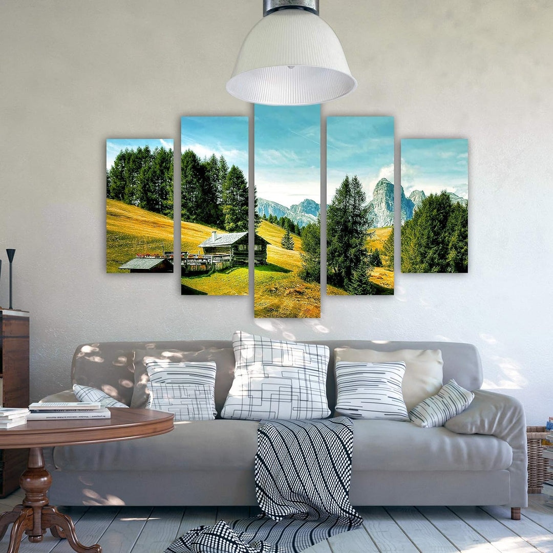 Feeby Bilder Berge 150x100 cm - Leinwandbild 5 Teilig XXL Kunstdruck Hütte Bäume grün Leinwandbild X