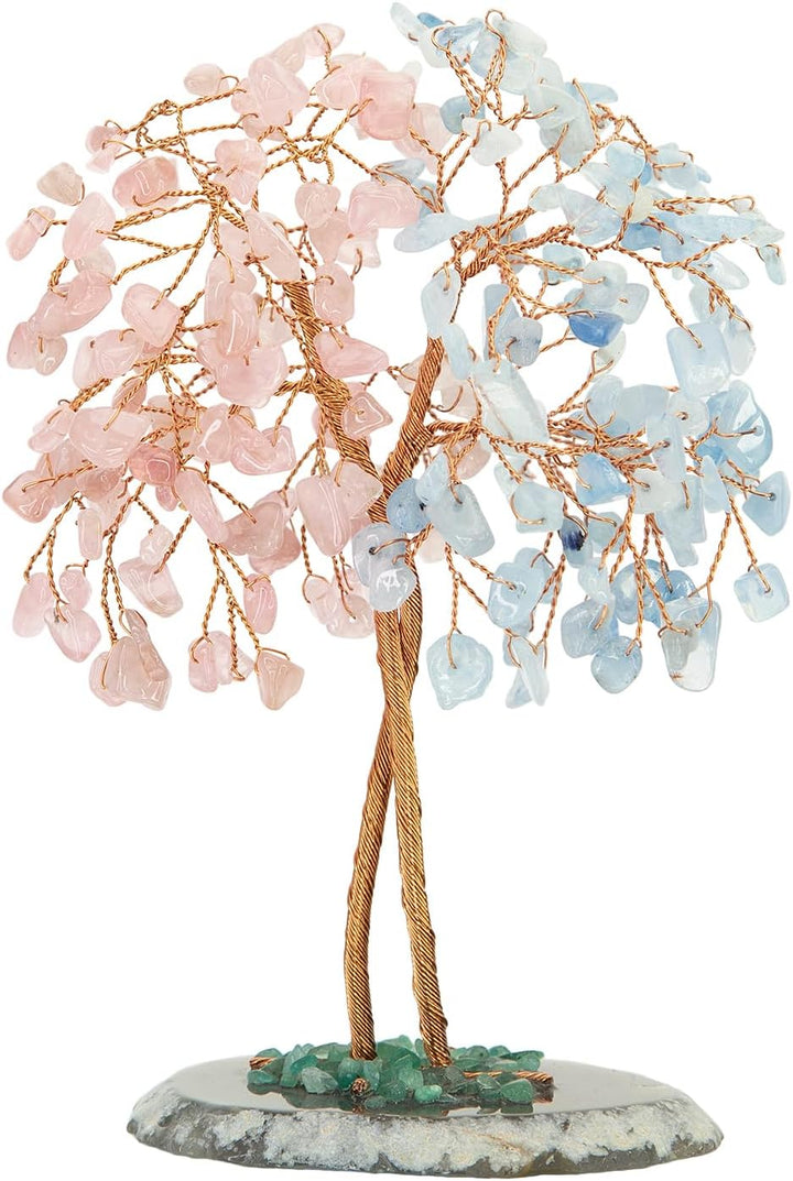 Nupuyai Rosenquarz & Aquamarin Kristallbaum mit Achat Stein Basis Feng Shui Edelstein Baum, Glücksba