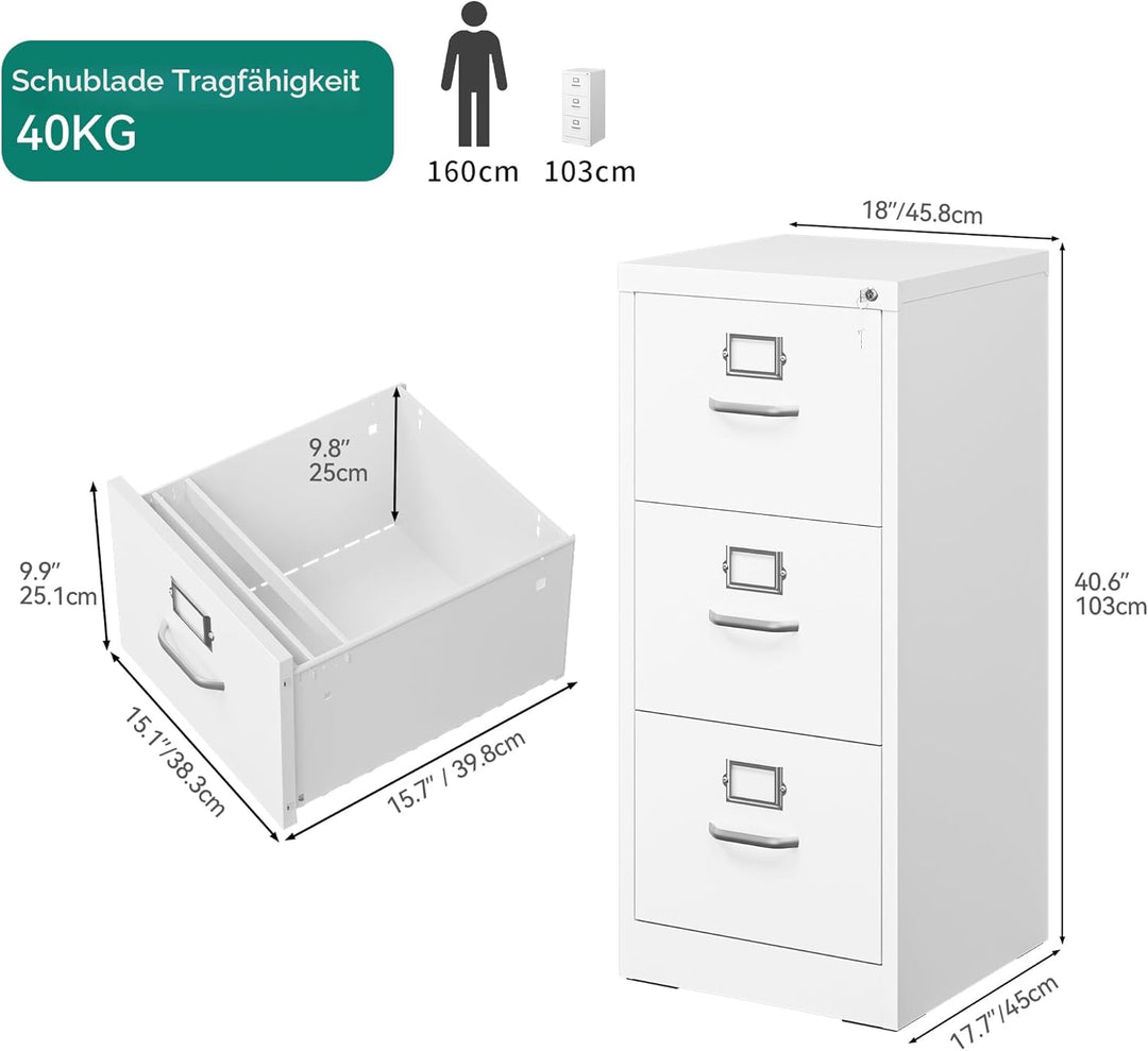 YITAHOME Aktenschrank Abschliessbar, Metall Aktenschränke mit 3 Schubladen für A4, Legal, Letter, An