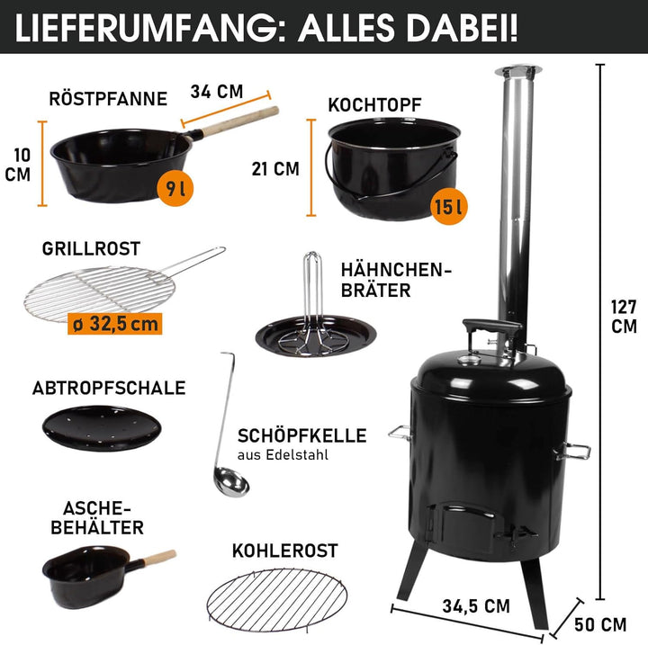 BRAST® Eintopfofen mit Grillfunktion Ofen Kugelgrill Barbecue Grill Outdoor-Küche Gulaschkanone Supp