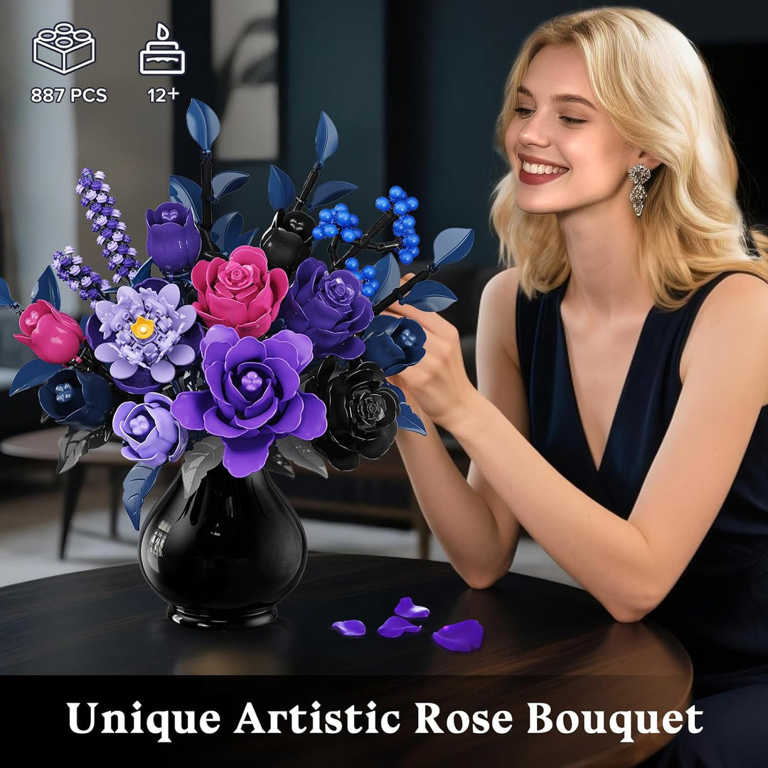Blumen Bauset - 17 Blume Blumenstrauss Bausteine mit LED, 887 Teile Kunstblumen Bausatz Spielzeug, L