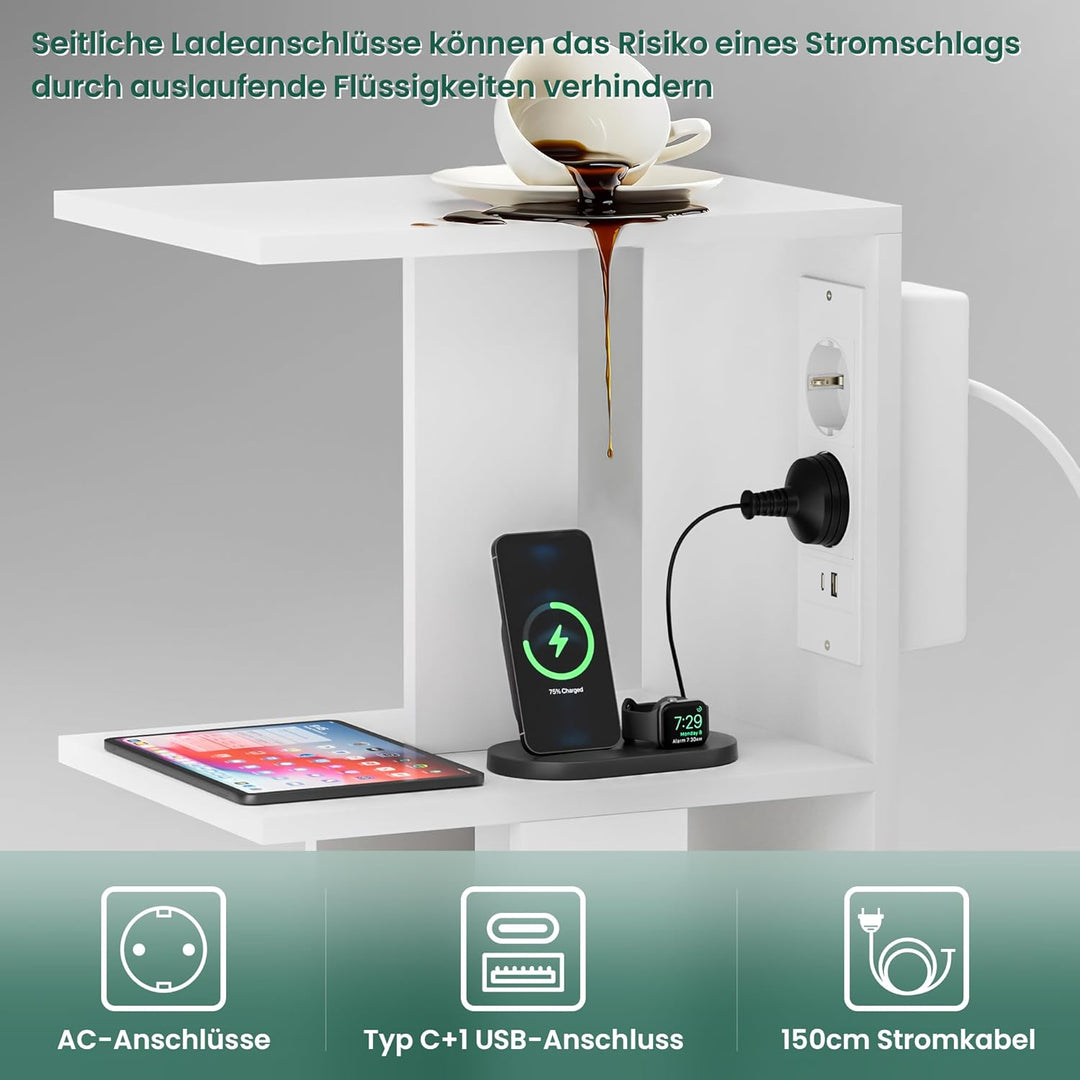 Pamapic Beistelltisch, Nachttisch mit Steckdose, Beistelltisch Schmal, 3 Ablagen C-Form Sofatisch,Co