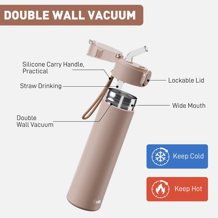 Trinkflasche Klein 270ml mit Strohhalm aus Edelstahl, Einhand-Bedienung, 100% Auslaufsicher, Ultra-K