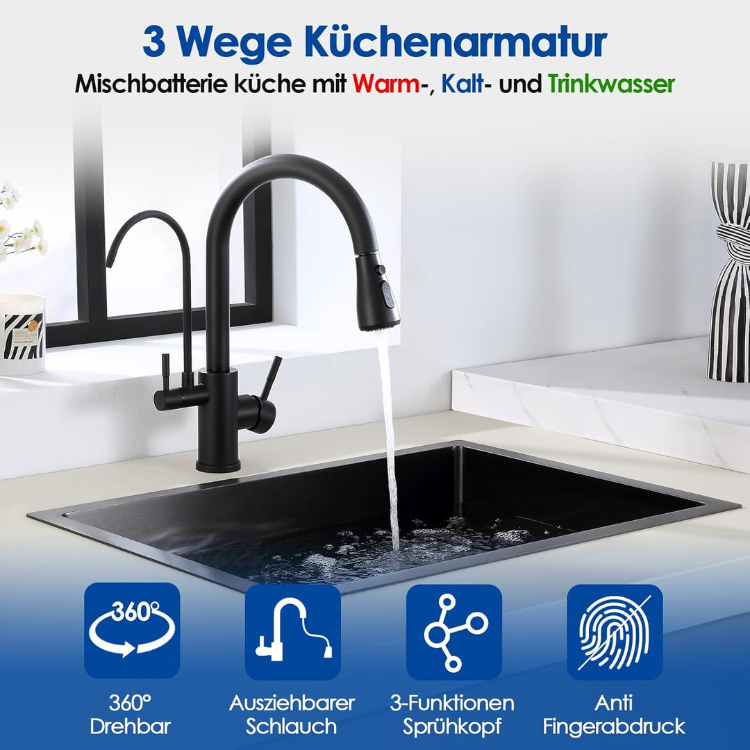 ROVOGO 3 Wege Wasserhahn Küche mit Filter, Küchenarmatur Schwarz Hochdruck mit Brause Ausziehbar, 36