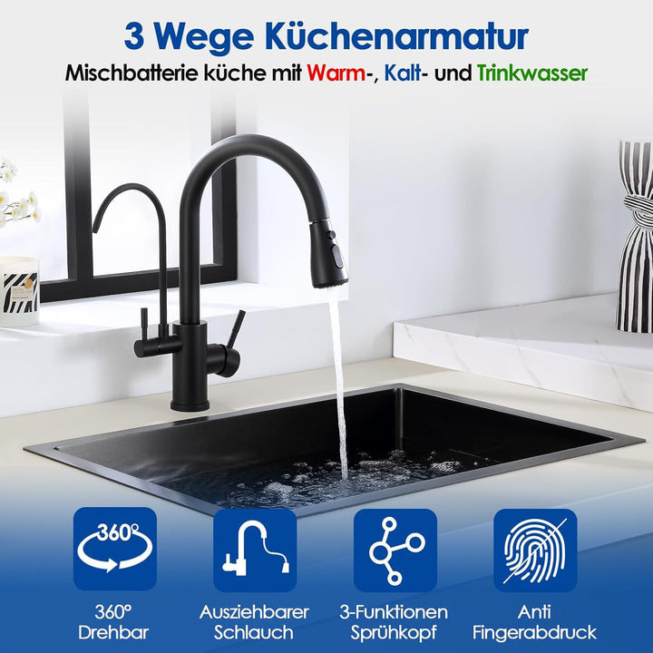 ROVOGO 3 Wege Wasserhahn Küche mit Filter, Küchenarmatur Schwarz Hochdruck mit Brause Ausziehbar, 36