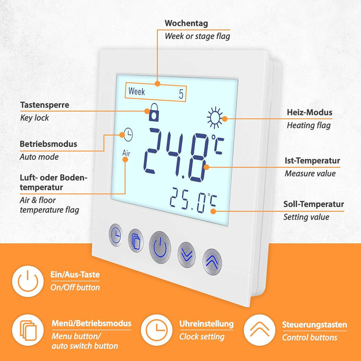 Digital Thermostat C16, Unterputz Regler Raumthermostat Thermostat für elektrische