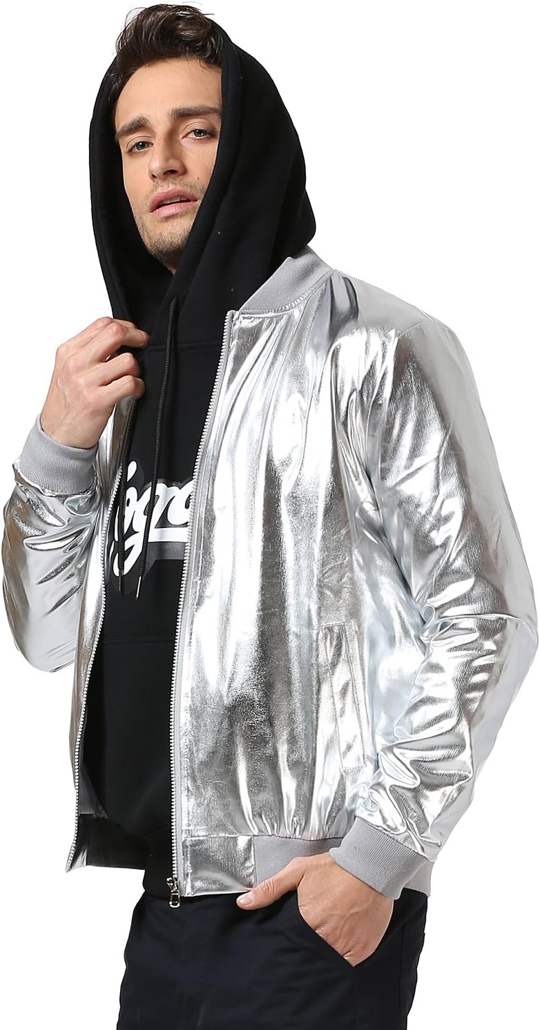 JOGAL Herren Metallic Nachtclub Reissverschluss Baseball Bomber Jacke XXL Silber, XXL Silber