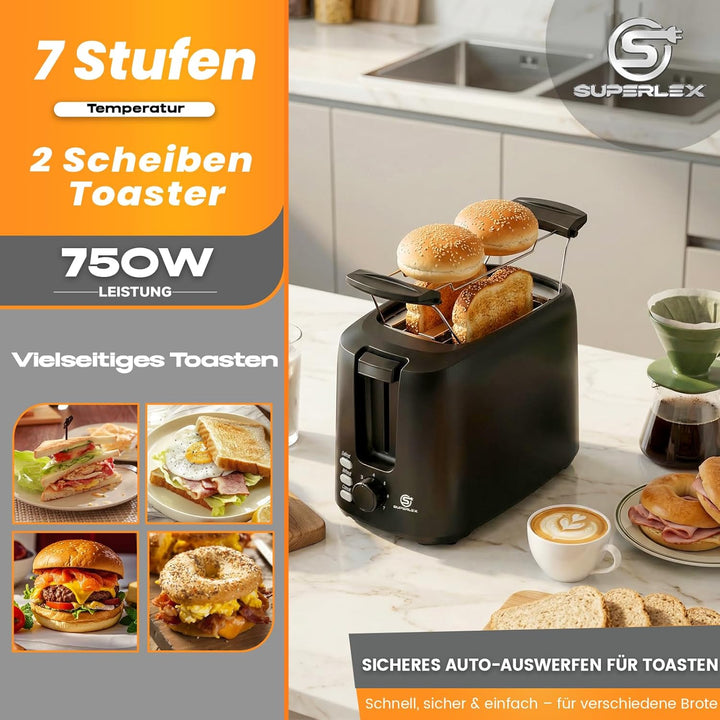 Toaster 2 Scheiben 750W Mini Toaster Schwarz Kompakt Design Mit 7 Bräunungsstufen Auftau Aufwärm Sto