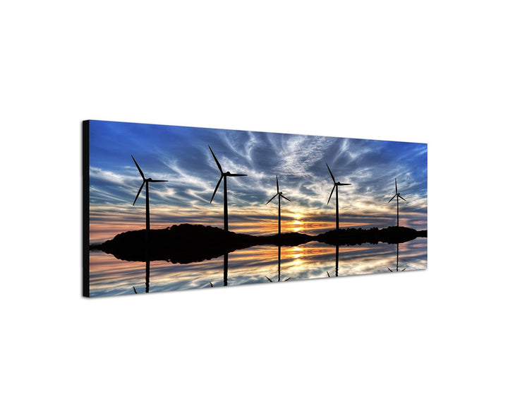 Wandbild auf Leinwand als Panorama in 150x50cm Windräder Wasser Hügel Sonnenuntergang